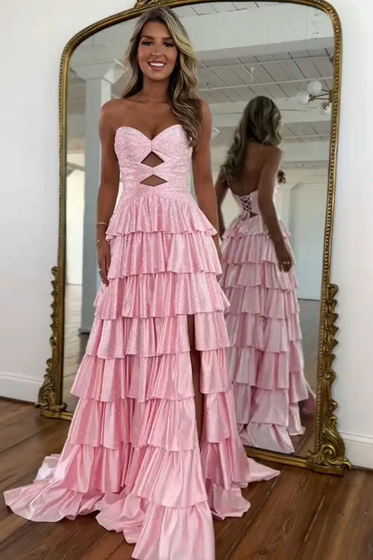Strapless Hot A-Line Prom Dress with Keyhole Bodice Ruffle Skirt Slit and Lace Up Back AD034