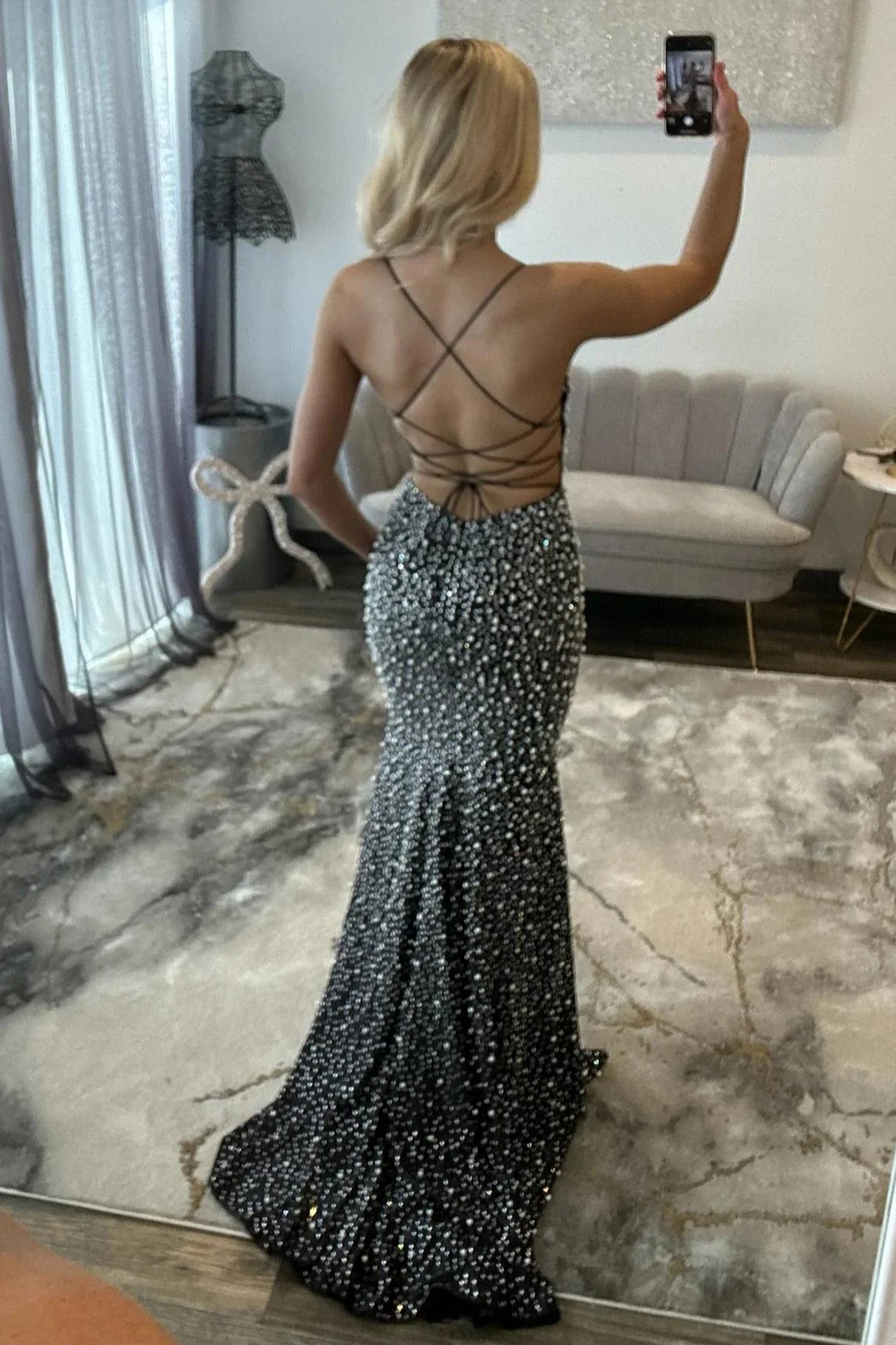 Glamorous Pearl Beaded Spaghetti Straps Mermaid Prom Dress AD035