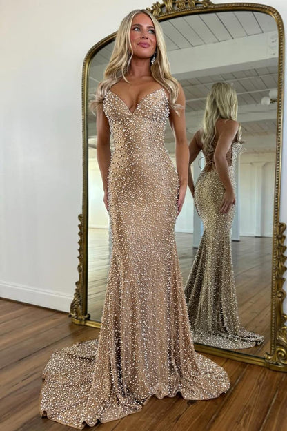Glamorous Pearl Beaded Spaghetti Straps Mermaid Prom Dress AD035