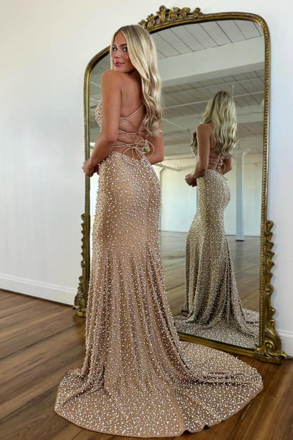 Glamorous Pearl Beaded Spaghetti Straps Mermaid Prom Dress AD035