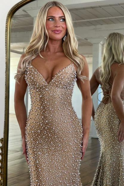 Glamorous Pearl Beaded Spaghetti Straps Mermaid Prom Dress AD035