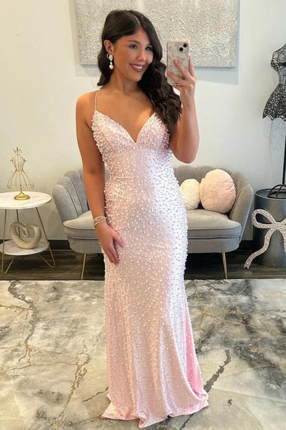 Glamorous Pearl Beaded Spaghetti Straps Mermaid Prom Dress AD035