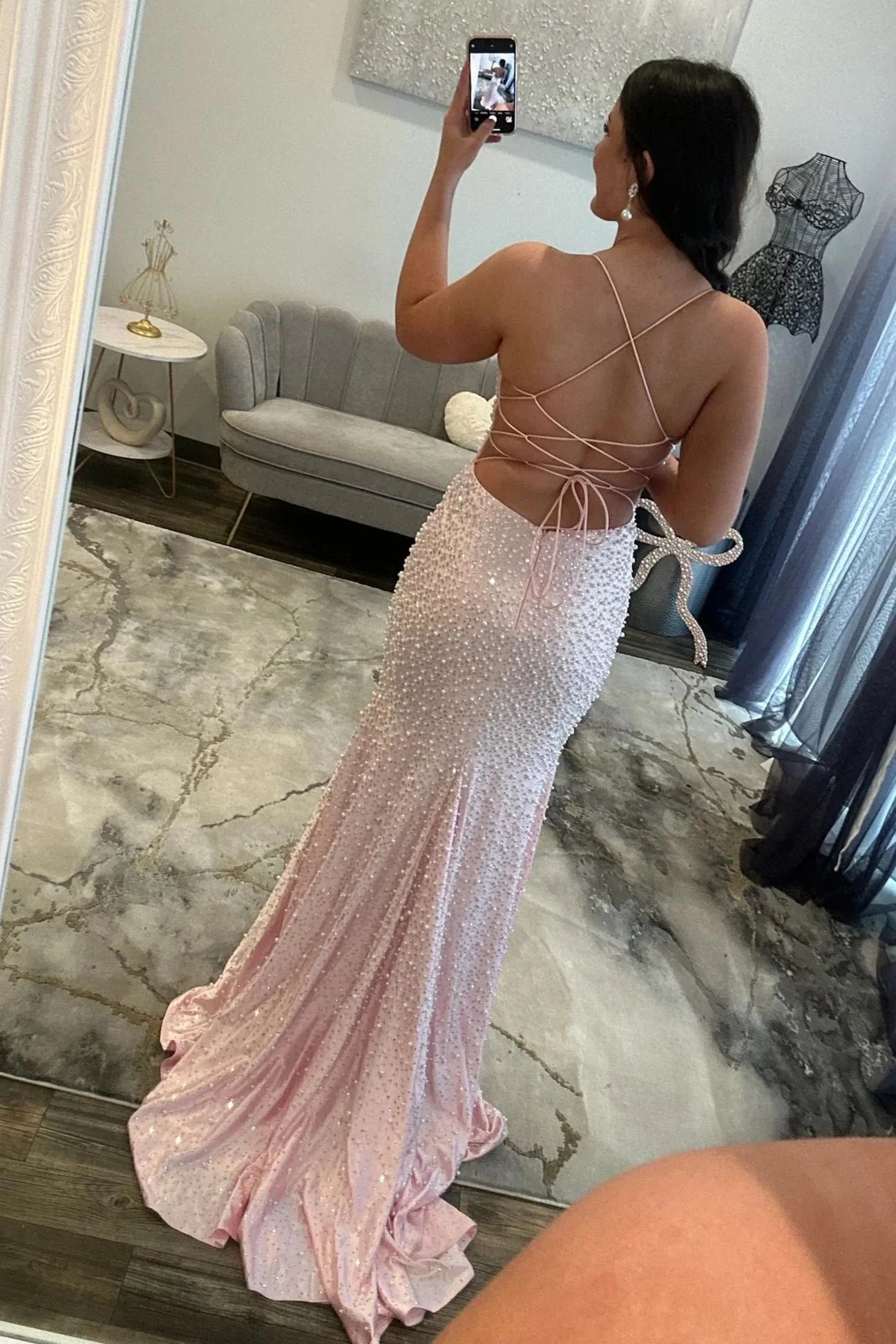 Glamorous Pearl Beaded Spaghetti Straps Mermaid Prom Dress AD035