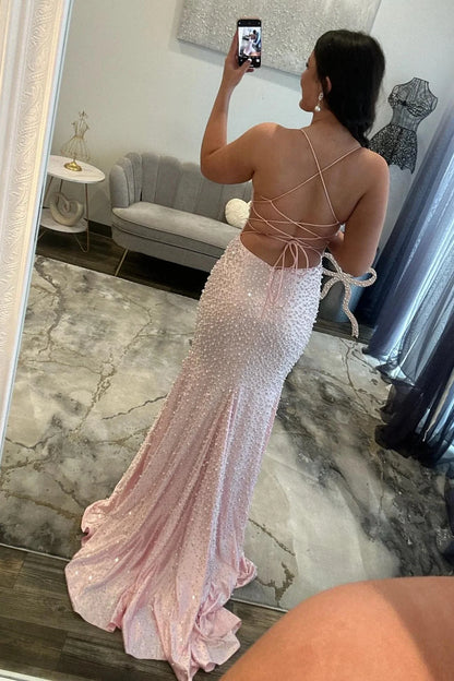 Glamorous Pearl Beaded Spaghetti Straps Mermaid Prom Dress AD035