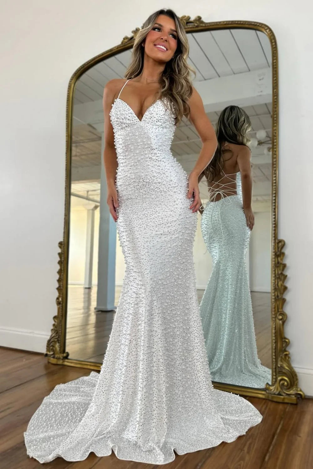 Glamorous Pearl Beaded Spaghetti Straps Mermaid Prom Dress AD035