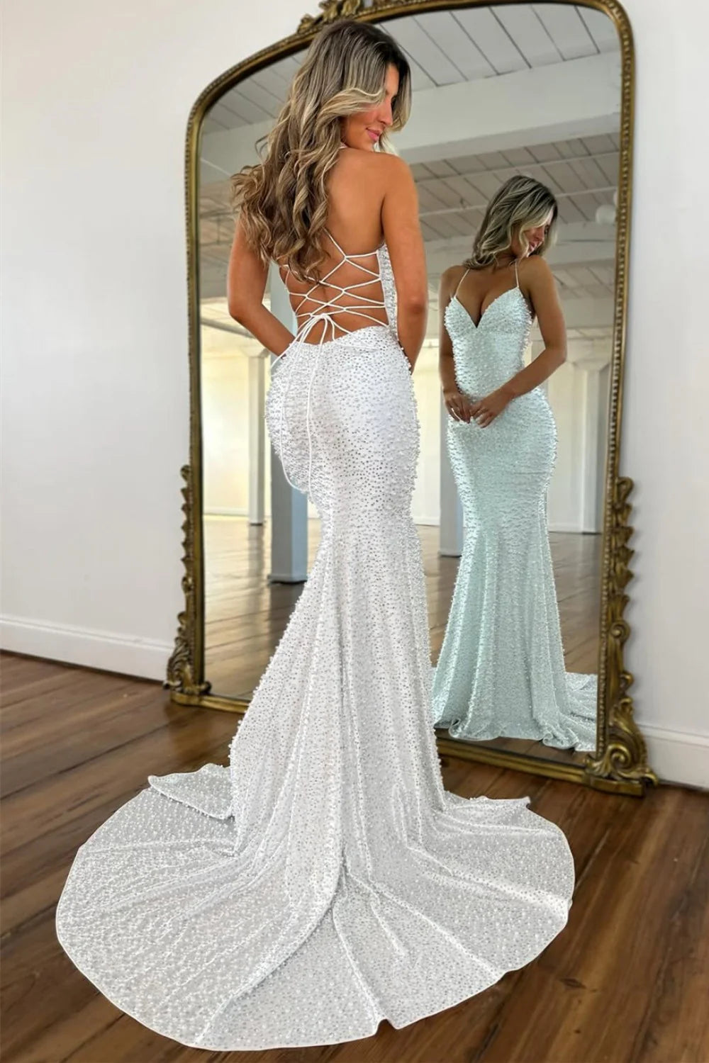 Glamorous Pearl Beaded Spaghetti Straps Mermaid Prom Dress AD035
