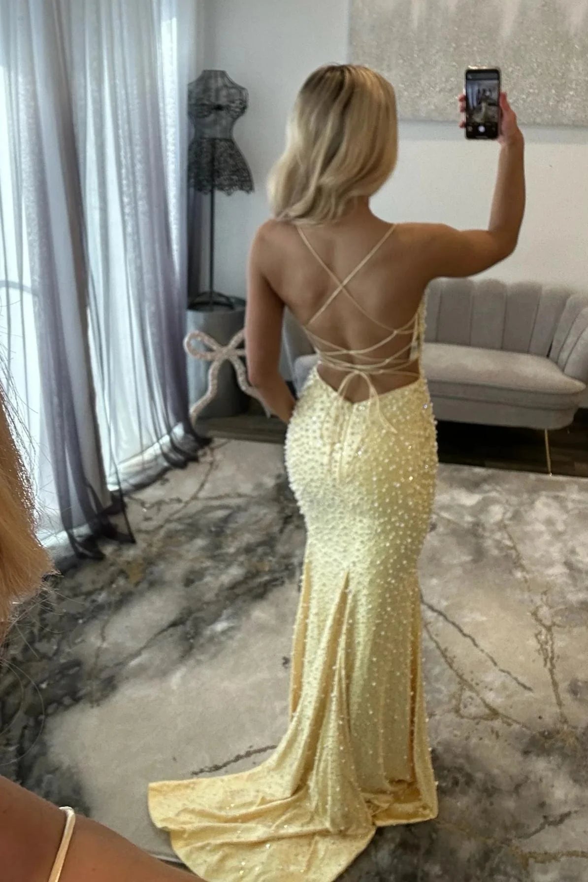 Glamorous Pearl Beaded Spaghetti Straps Mermaid Prom Dress AD035