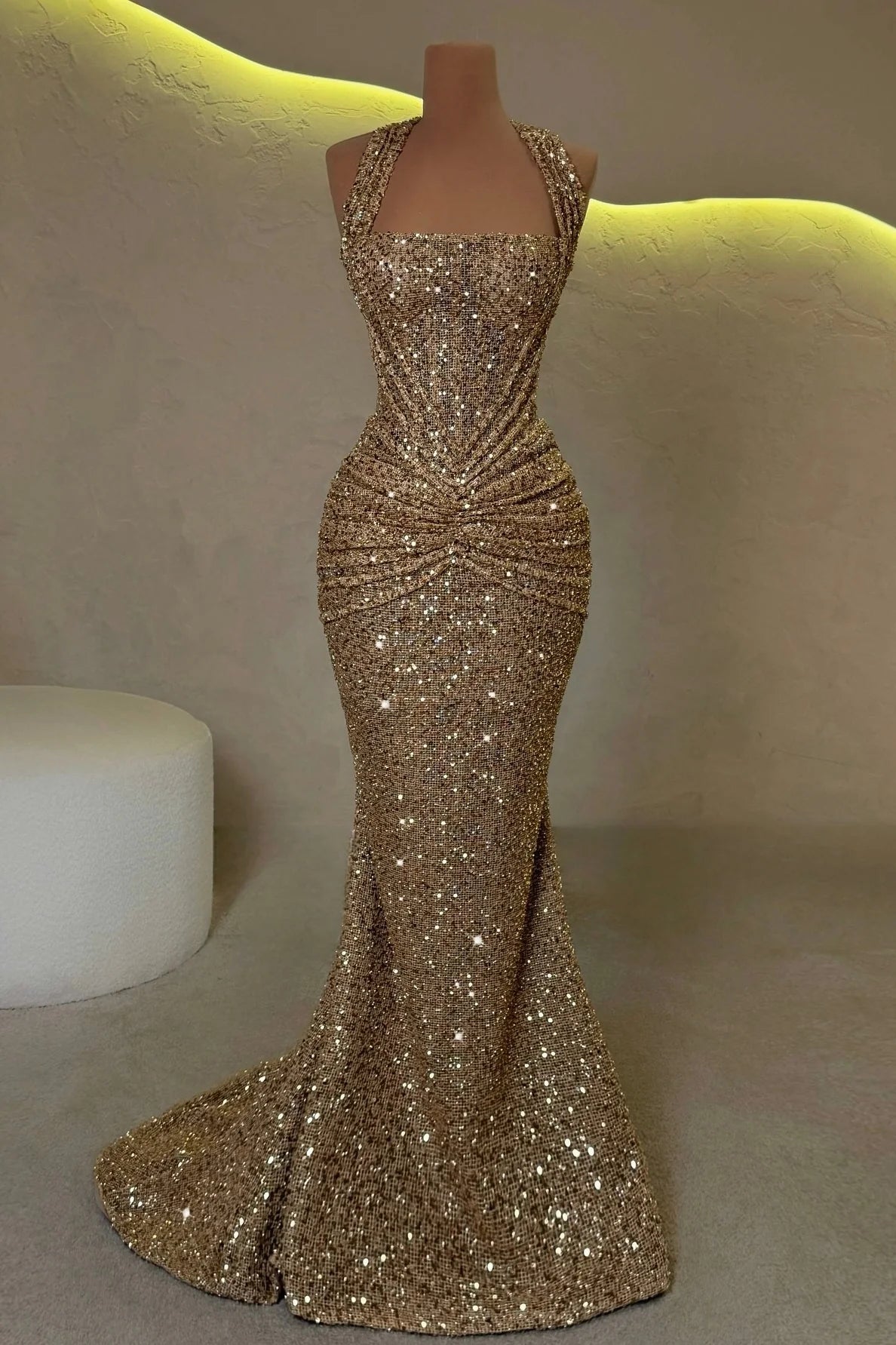 Sparkly Mermaid Halter Neck Sequins Long Prom Dress with Ruched AD036
