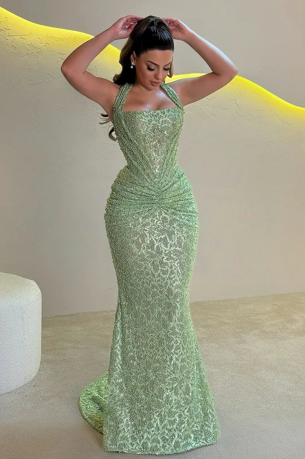 Sparkly Mermaid Halter Neck Sequins Long Prom Dress with Ruched AD036