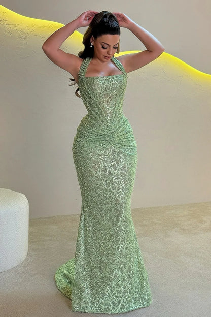Sparkly Mermaid Halter Neck Sequins Long Prom Dress with Ruched AD036