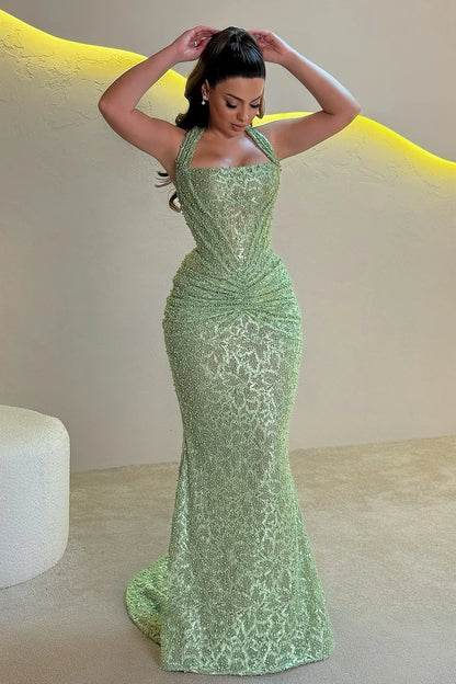Sparkly Mermaid Halter Neck Sequins Long Prom Dress with Ruched AD036