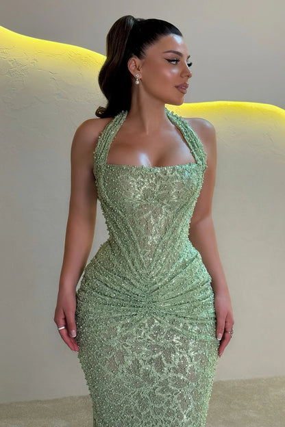 Sparkly Mermaid Halter Neck Sequins Long Prom Dress with Ruched AD036