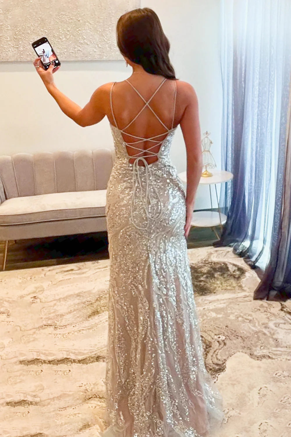 Silver Sequin Spaghetti Strap Mermaid Slit Prom Dress with Crisscross Lace-Up Back AD037