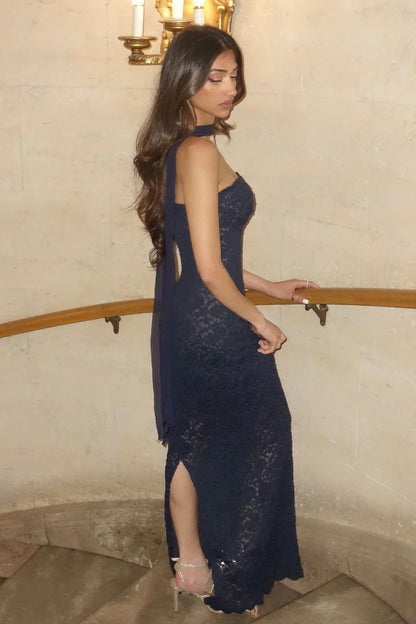 Stylish Sheath Strapless Navy Blue Lace Long Party Dress AD038