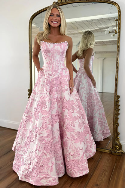 Romantic Floral Jacquard Strapless Corset Ball Gown Prom Dress with Pearls AD039