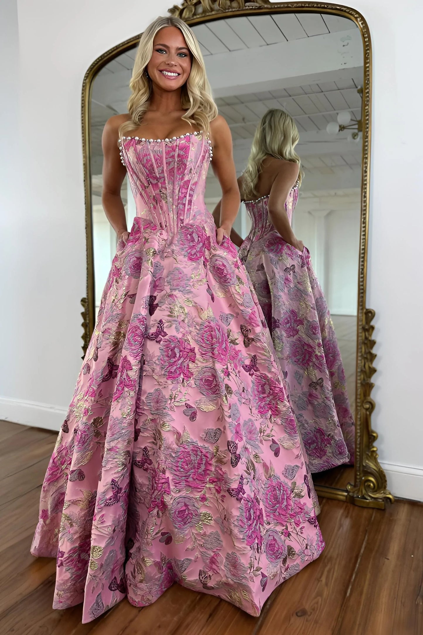 Romantic Floral Jacquard Strapless Corset Ball Gown Prom Dress with Pearls AD039