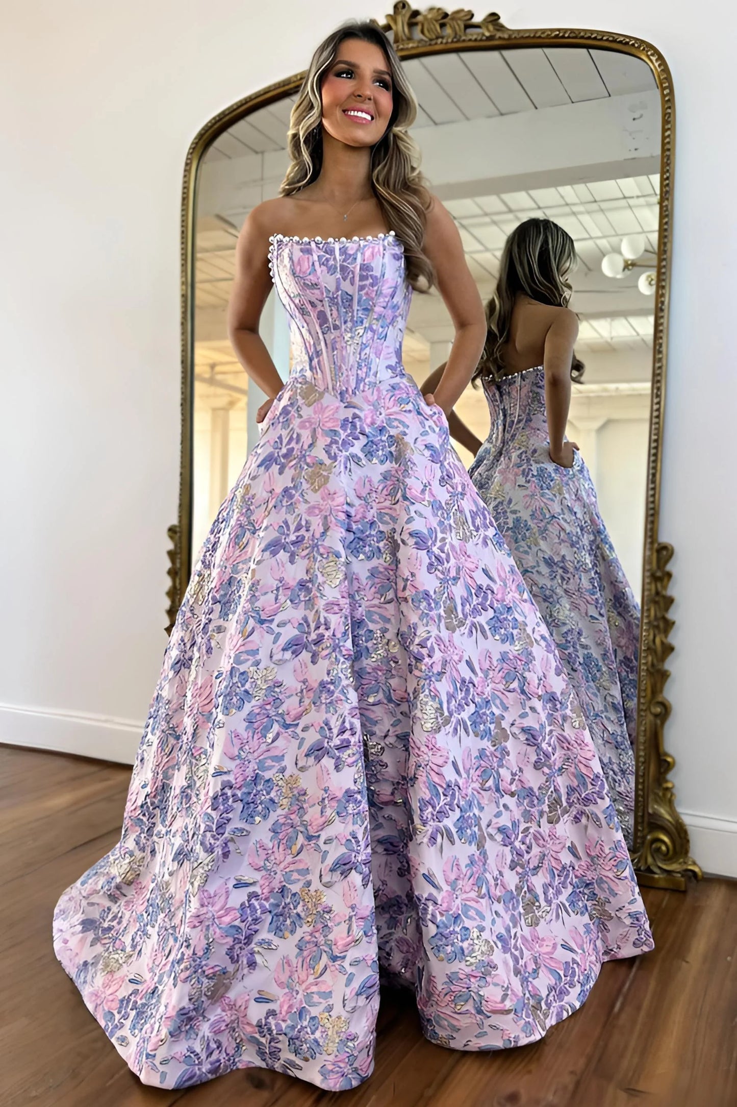 Romantic Floral Jacquard Strapless Corset Ball Gown Prom Dress with Pearls AD039