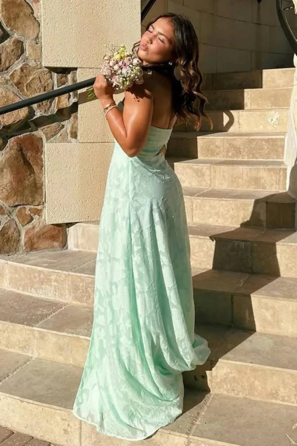 Mint Green Strapless Prom Dress with Front Slit and Textured Fabric AD040