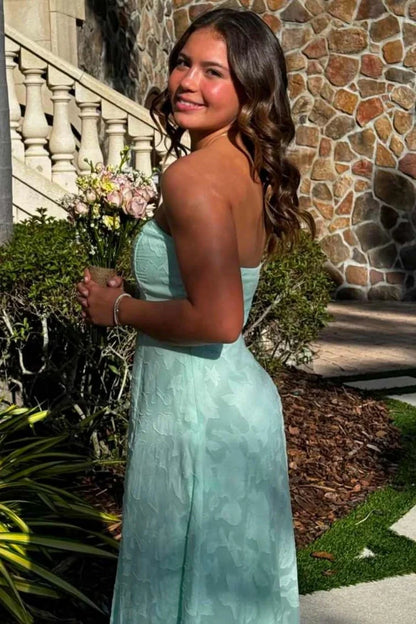 Mint Green Strapless Prom Dress with Front Slit and Textured Fabric AD040