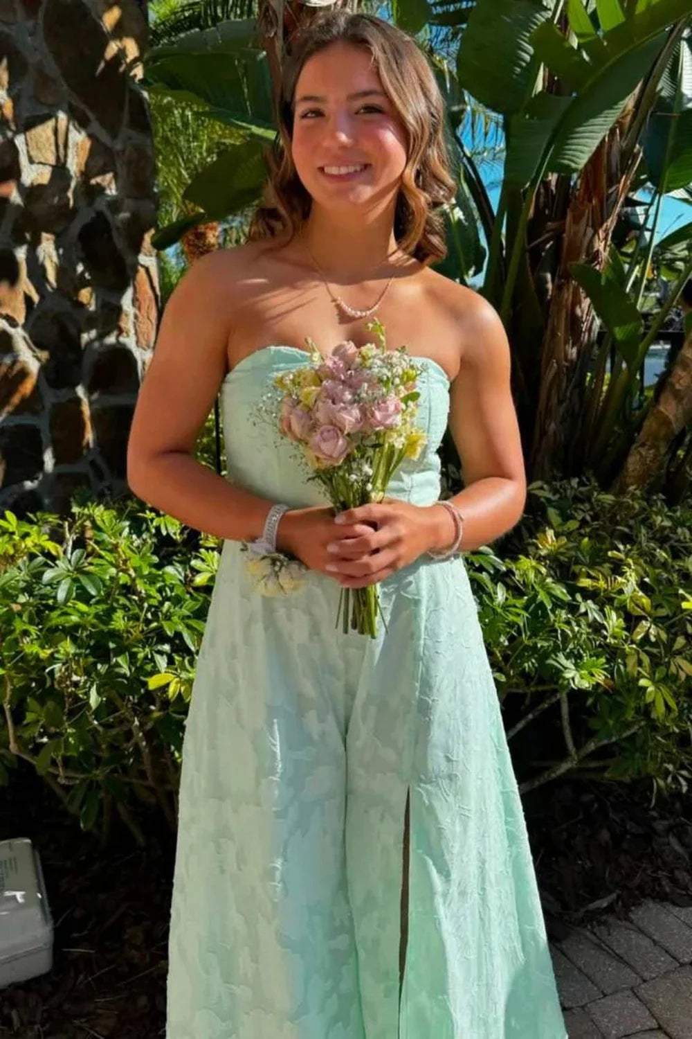 Mint Green Strapless Prom Dress with Front Slit and Textured Fabric AD040