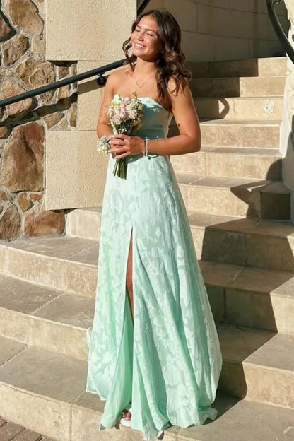 Mint Green Strapless Prom Dress with Front Slit and Textured Fabric AD040