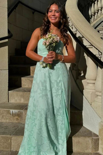 Mint Green Strapless Prom Dress with Front Slit and Textured Fabric AD040