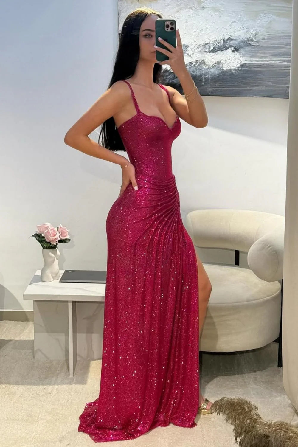 Dark Red Glitter Bodycon Homecoming Dress with Sweetheart Neck Spaghetti Straps Ruched Side Slit AD041