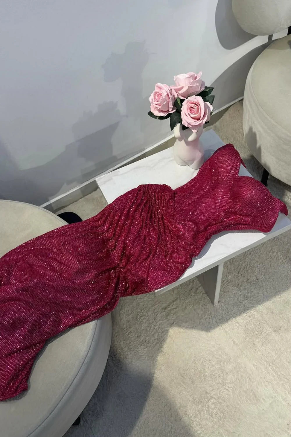Dark Red Glitter Bodycon Homecoming Dress with Sweetheart Neck Spaghetti Straps Ruched Side Slit AD041