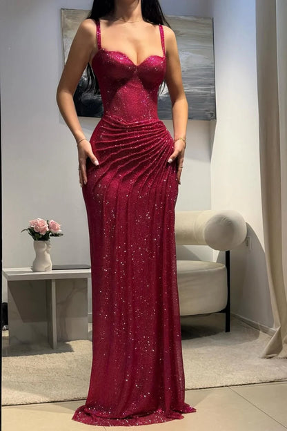 Dark Red Glitter Bodycon Homecoming Dress with Sweetheart Neck Spaghetti Straps Ruched Side Slit AD041