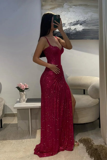 Dark Red Glitter Bodycon Homecoming Dress with Sweetheart Neck Spaghetti Straps Ruched Side Slit AD041