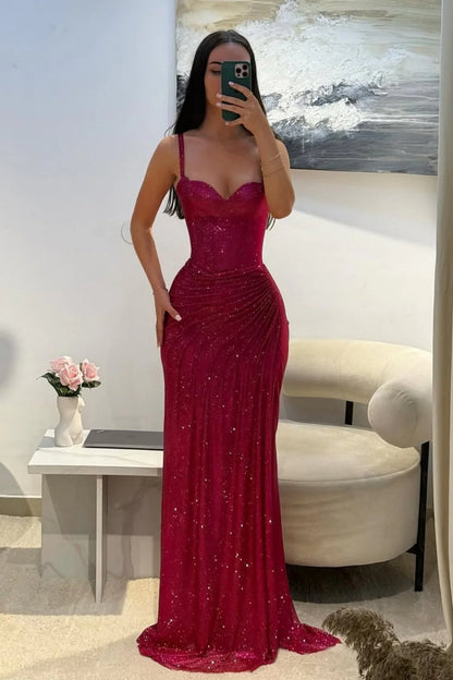 Dark Red Glitter Bodycon Homecoming Dress with Sweetheart Neck Spaghetti Straps Ruched Side Slit AD041