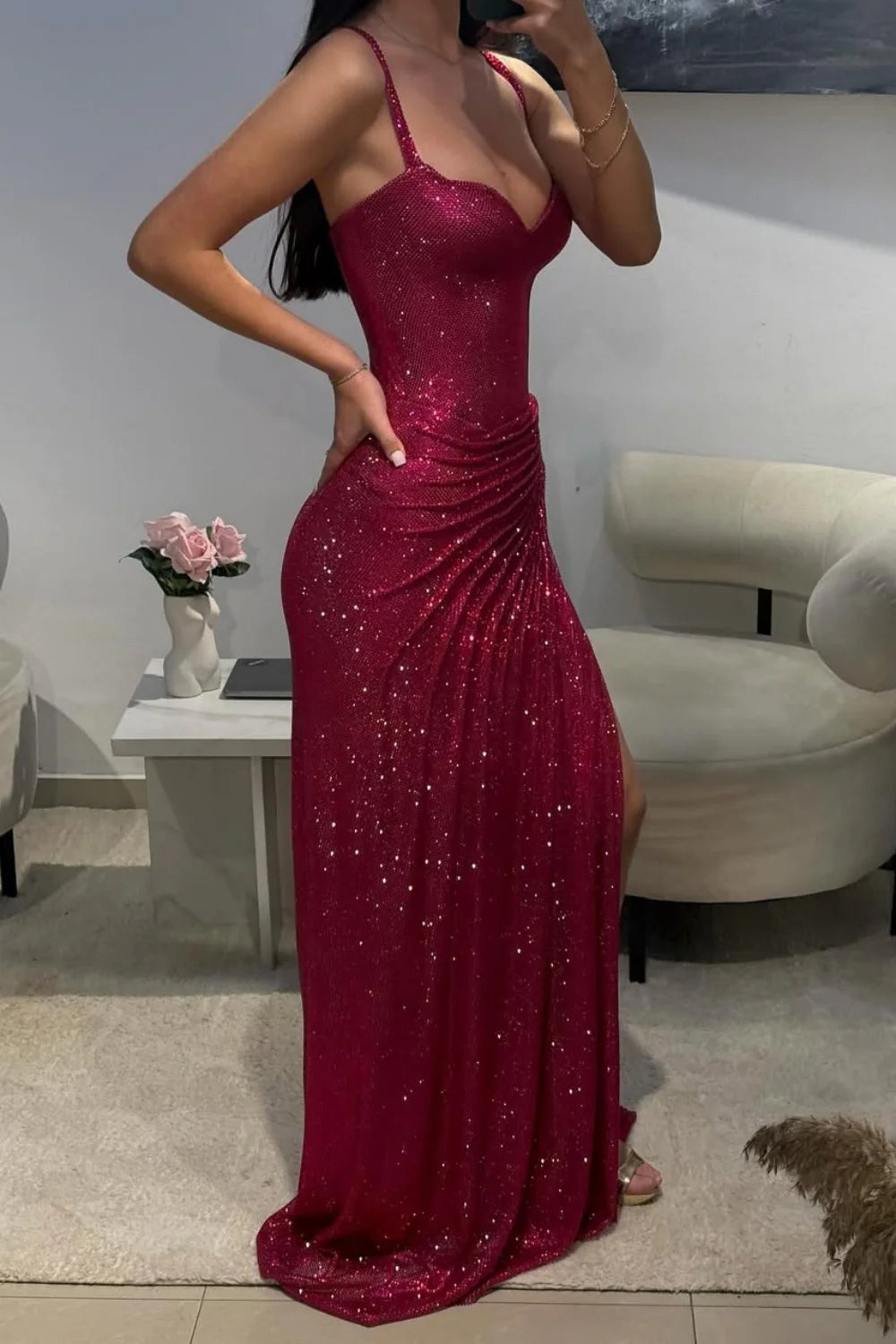 Dark Red Glitter Bodycon Homecoming Dress with Sweetheart Neck Spaghetti Straps Ruched Side Slit AD041