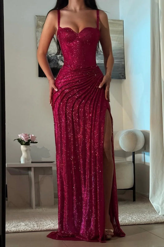 Dark Red Glitter Bodycon Homecoming Dress with Sweetheart Neck Spaghetti Straps Ruched Side Slit AD041
