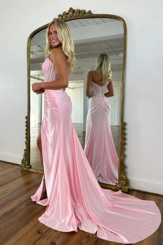 Blush Pink Corset Long Beaded Prom Dress with Rhinestone Details AD044