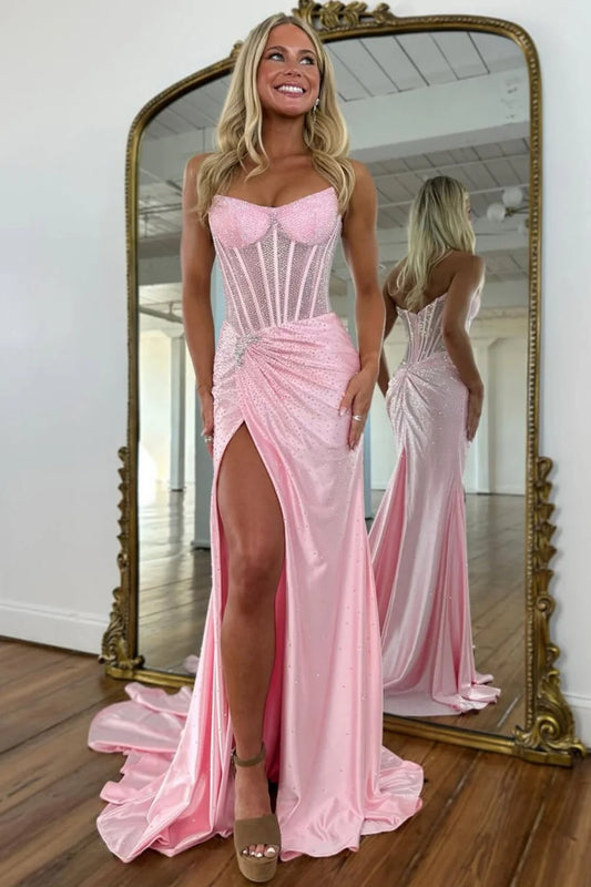 Blush Pink Corset Long Beaded Prom Dress with Rhinestone Details AD044