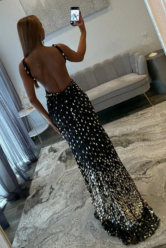 Luxury Black Beaded Mermaid Prom Gown with Plunging Neckline & Slit AD045