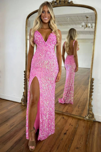 Luxury Black Beaded Mermaid Prom Gown with Plunging Neckline & Slit AD045