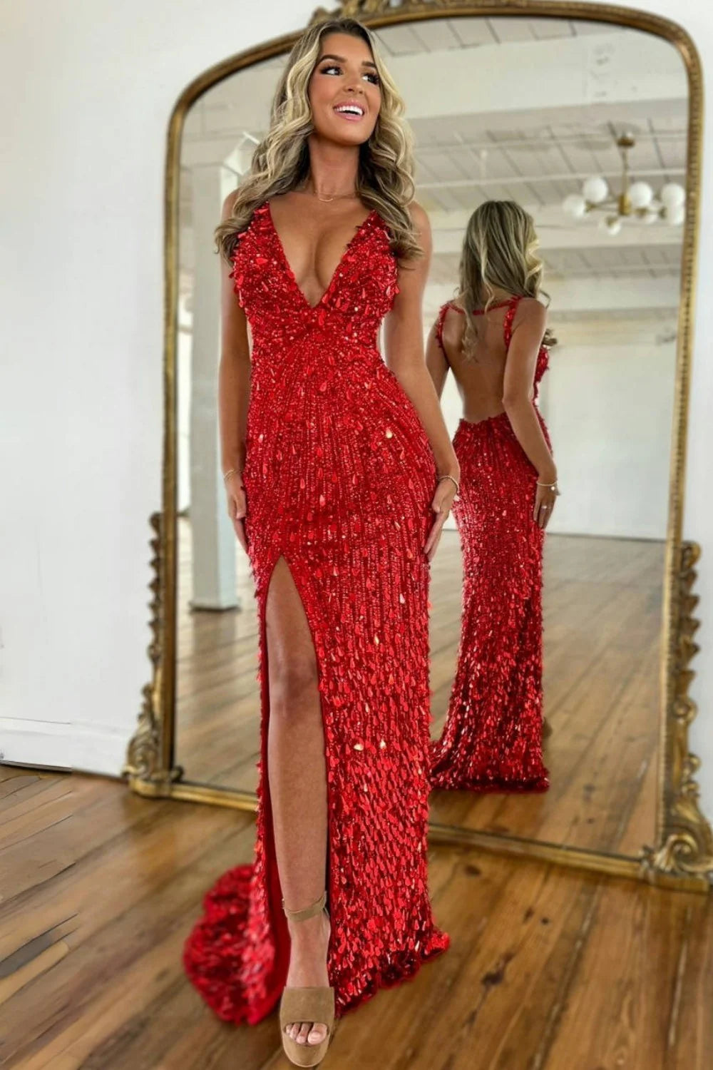 Luxury Black Beaded Mermaid Prom Gown with Plunging Neckline & Slit AD045
