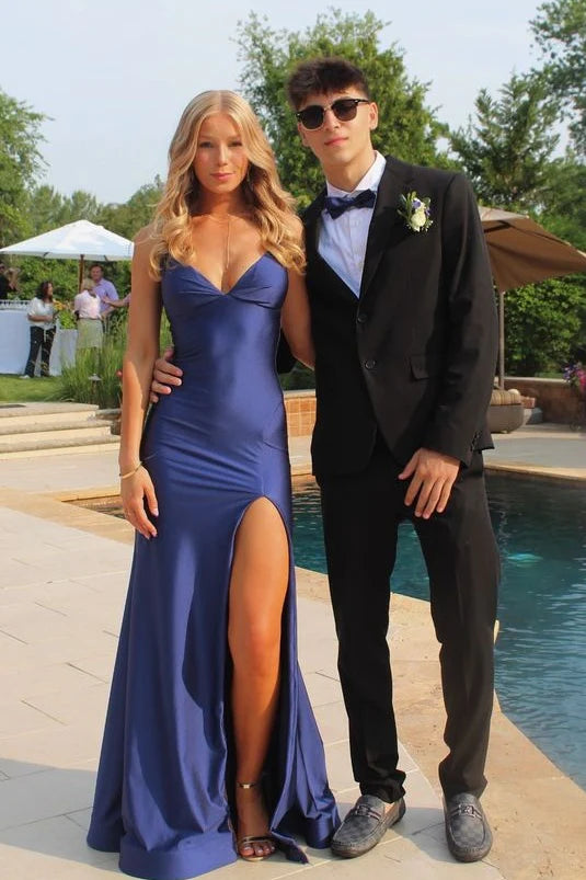 Stunning Mermaid Spaghetti Straps Navy Blue Long Prom Dress with Split Front AD046