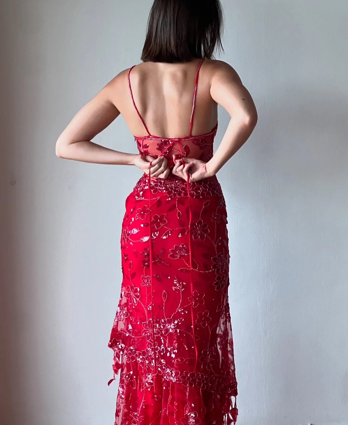 Hot Mermaid Spaghetti Straps Red Long Prom Dress with Embroidery AD047