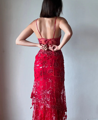 Hot Mermaid Spaghetti Straps Red Long Prom Dress with Embroidery AD047