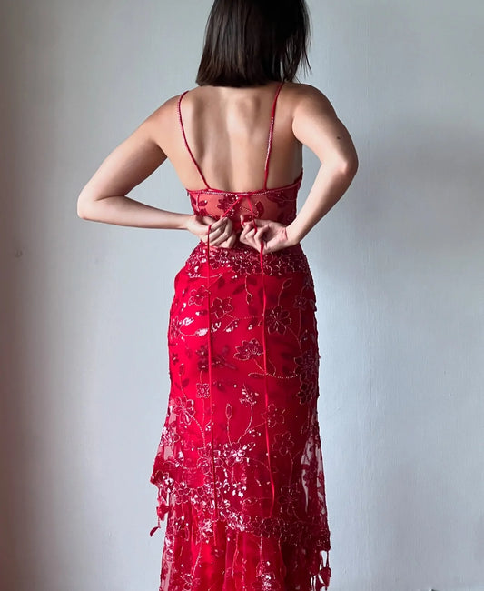 Hot Mermaid Spaghetti Straps Red Long Prom Dress with Embroidery AD047