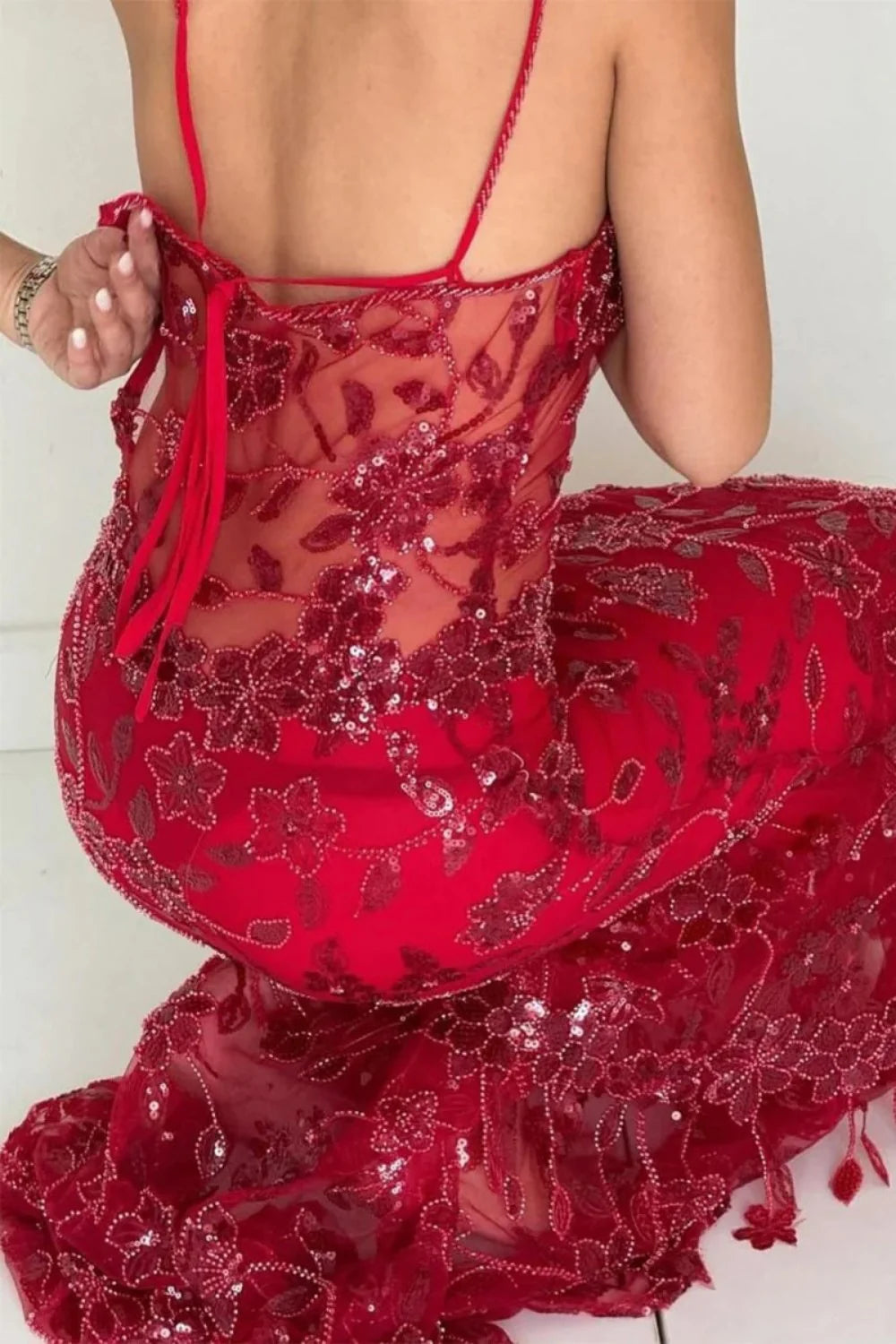Hot Mermaid Spaghetti Straps Red Long Prom Dress with Embroidery AD047