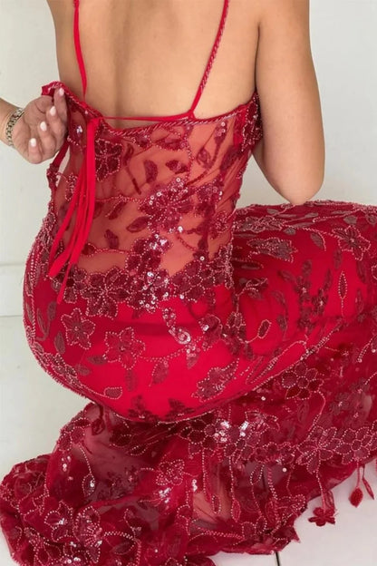 Hot Mermaid Spaghetti Straps Red Long Prom Dress with Embroidery AD047