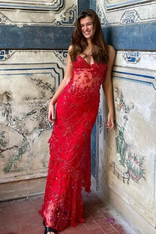 Hot Mermaid Spaghetti Straps Red Long Prom Dress with Embroidery AD047