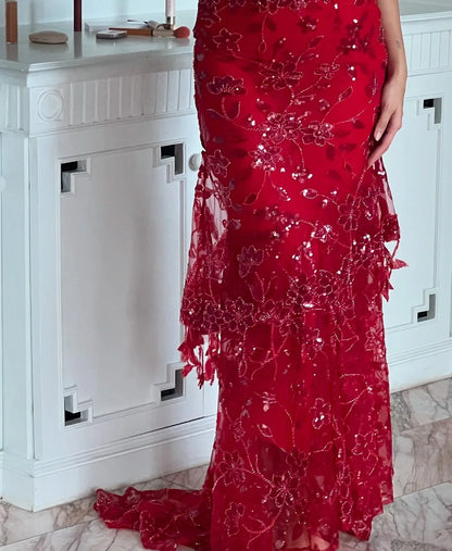 Hot Mermaid Spaghetti Straps Red Long Prom Dress with Embroidery AD047