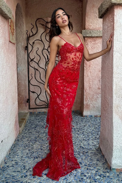 Hot Mermaid Spaghetti Straps Red Long Prom Dress with Embroidery AD047