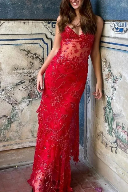 Hot Mermaid Spaghetti Straps Red Long Prom Dress with Embroidery AD047