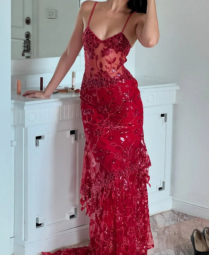 Hot Mermaid Spaghetti Straps Red Long Prom Dress with Embroidery AD047