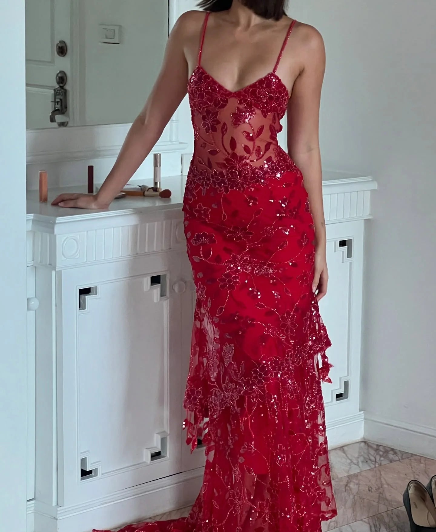 Hot Mermaid Spaghetti Straps Red Long Prom Dress with Embroidery AD047
